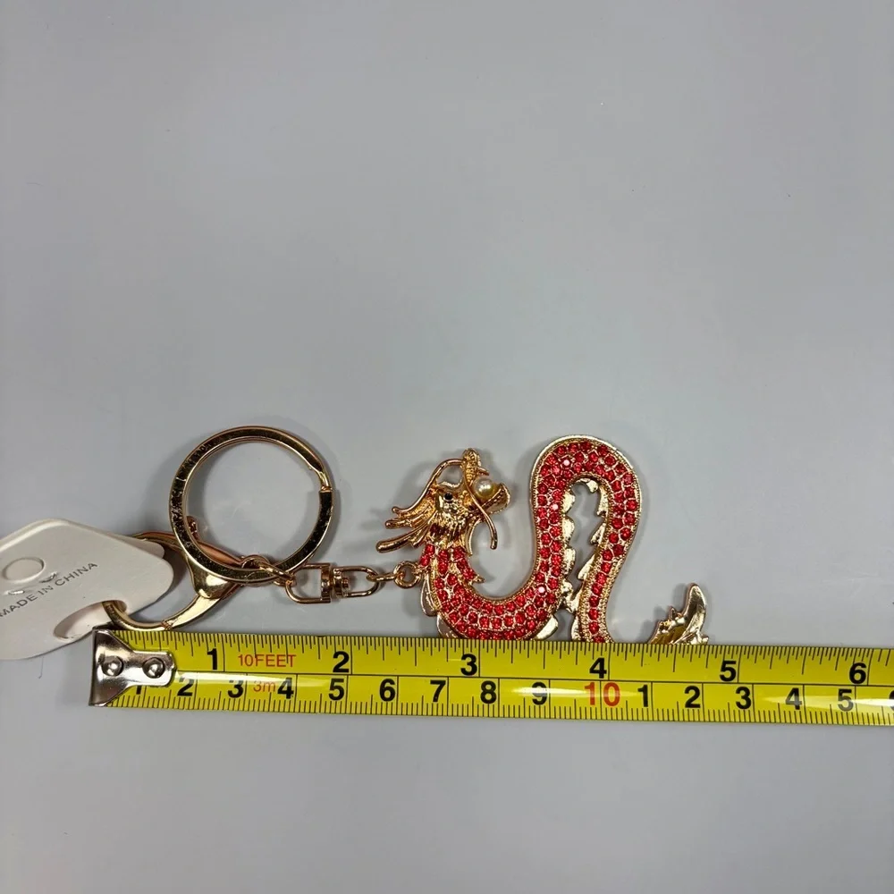 Asian Gold Dragon Keychain with Red Crystal Accents